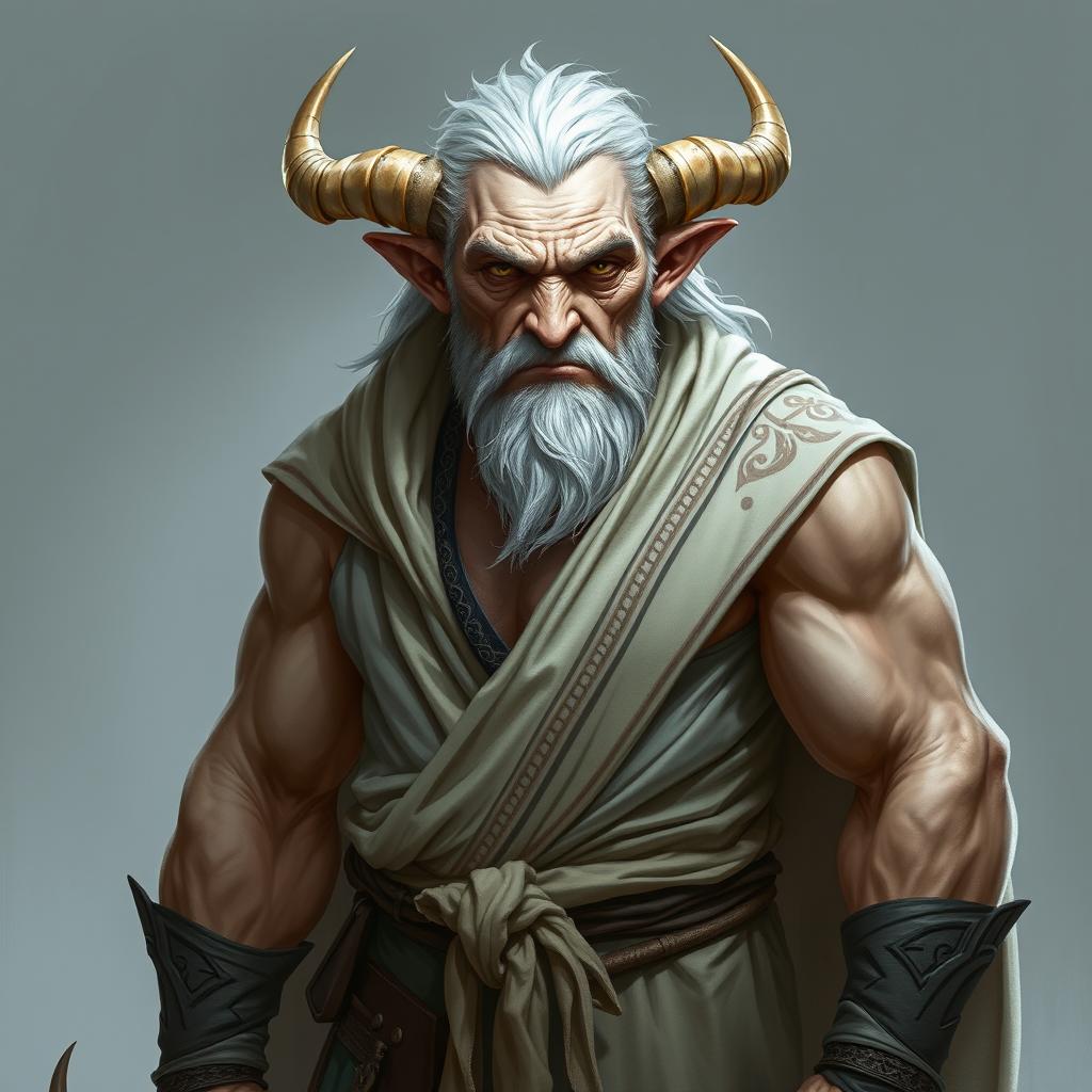 A gruff, old Tiefling with pale skin and white hair stands proudly