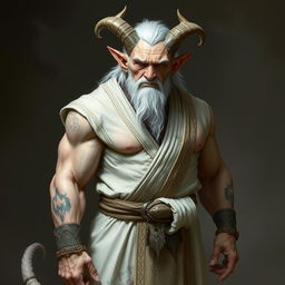 A gruff, old Tiefling with pale skin and white hair stands proudly