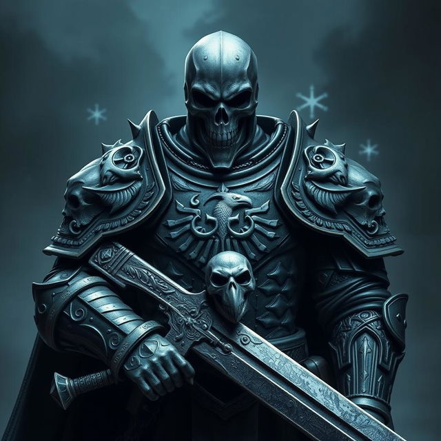 A death knight emanating an aura of death, clad in intricate gothic darkened slab armor