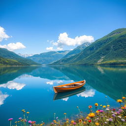 A serene landscape featuring a clear blue lake surrounded by lush green mountains