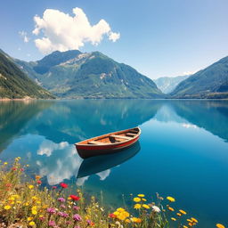 A serene landscape featuring a clear blue lake surrounded by lush green mountains