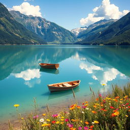 A serene landscape featuring a clear blue lake surrounded by lush green mountains