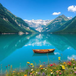 A serene landscape featuring a clear blue lake surrounded by lush green mountains