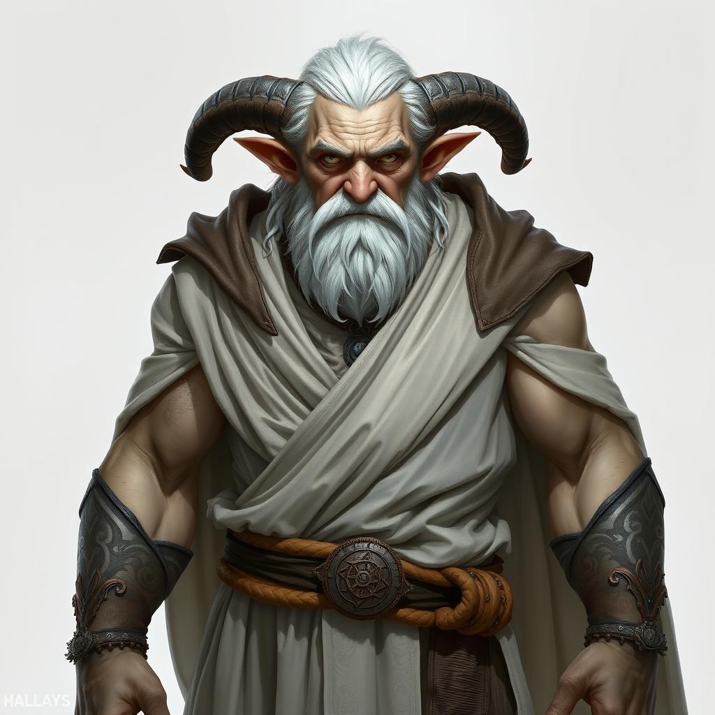 A gruff, old Tiefling with pale skin and white hair stands proudly