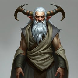 A gruff, old Tiefling with pale skin and white hair stands proudly