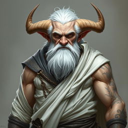 A gruff, old Tiefling with pale skin and white hair stands proudly