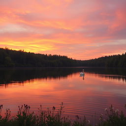 A serene sunset over a tranquil lake surrounded by lush forest