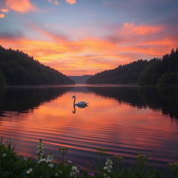 A serene sunset over a tranquil lake surrounded by lush forest