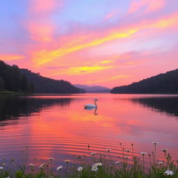 A serene sunset over a tranquil lake surrounded by lush forest