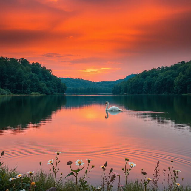 A serene sunset over a tranquil lake surrounded by lush forest