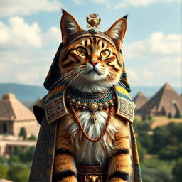 A majestic cat dressed in traditional Mesopotamian attire, featuring intricate patterns and vibrant colors typical of ancient Mesopotamian clothing