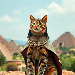 A majestic cat dressed in traditional Mesopotamian attire, featuring intricate patterns and vibrant colors typical of ancient Mesopotamian clothing