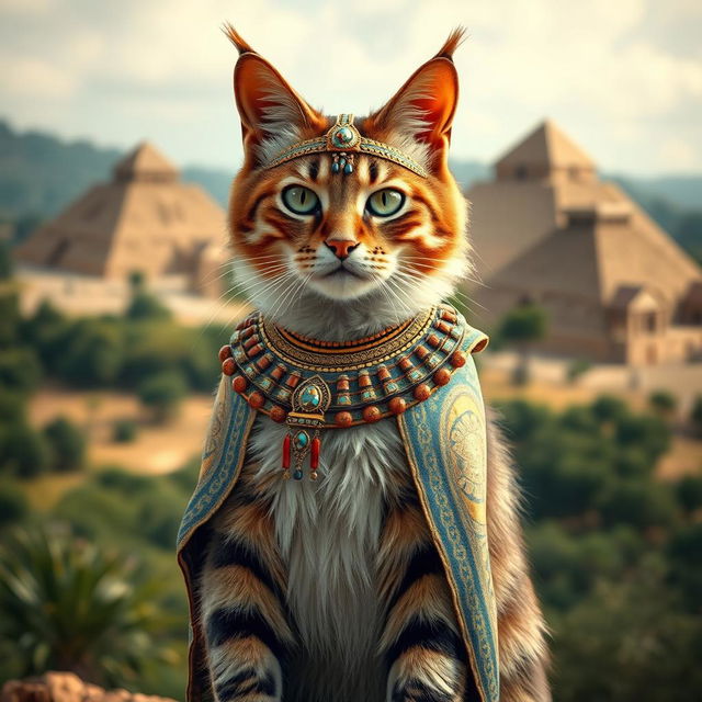 A majestic cat dressed in traditional Mesopotamian attire, featuring intricate patterns and vibrant colors typical of ancient Mesopotamian clothing