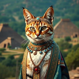 A majestic cat dressed in traditional Mesopotamian attire, featuring intricate patterns and vibrant colors typical of ancient Mesopotamian clothing