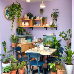 A cozy small cafe integrated with a pottery workshop, offering a unique experience where people can create pottery items from scratch