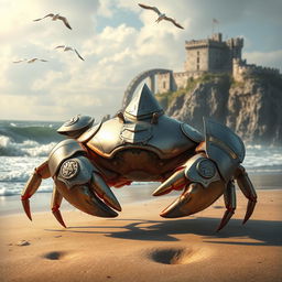 A fantastical scene featuring a knight crab