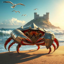 A fantastical scene featuring a knight crab