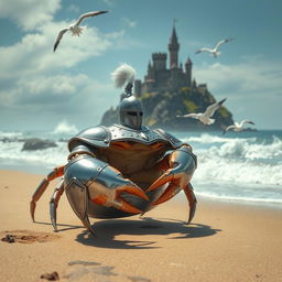 A fantastical scene featuring a knight crab