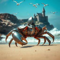 A fantastical scene featuring a knight crab