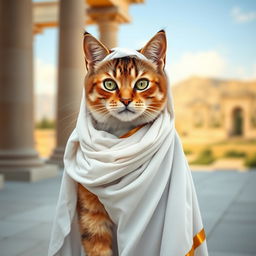 A charming cat elegantly dressed in a traditional Greek toga, with flowing draped fabric that accentuates its graceful posture