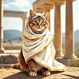 A charming cat elegantly dressed in a traditional Greek toga, with flowing draped fabric that accentuates its graceful posture