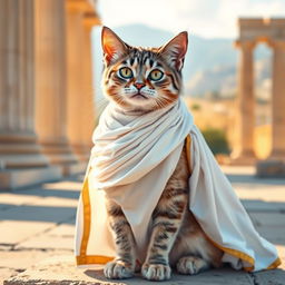 A charming cat elegantly dressed in a traditional Greek toga, with flowing draped fabric that accentuates its graceful posture