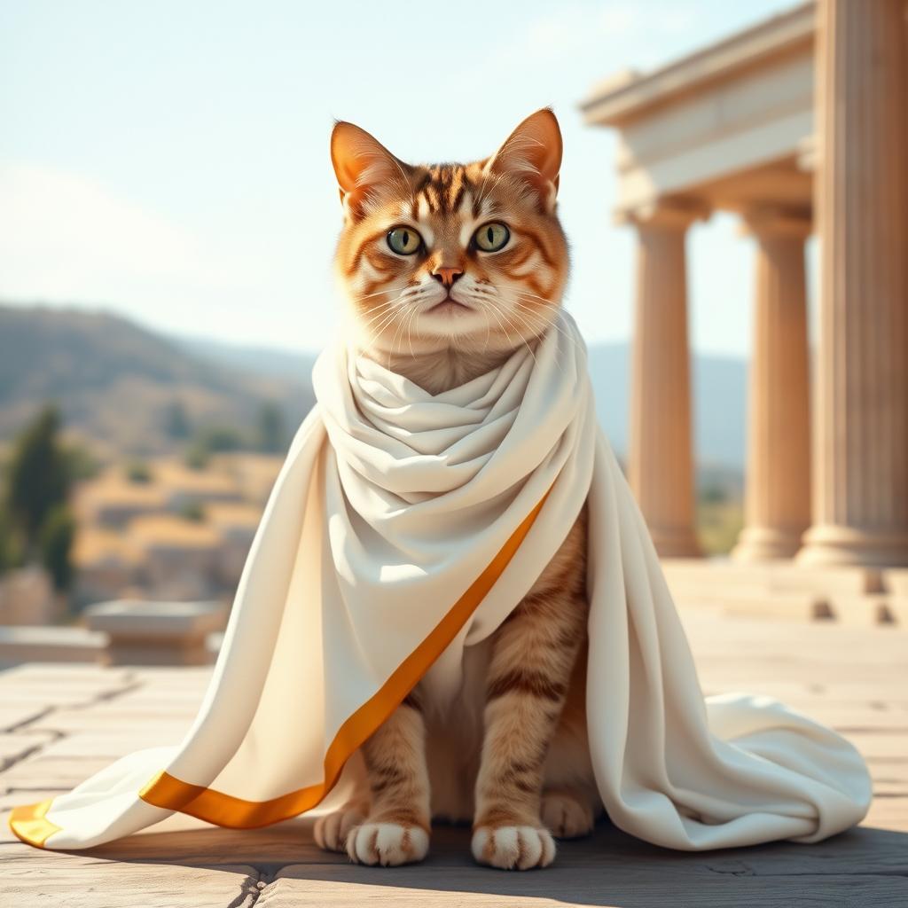 A charming cat elegantly dressed in a traditional Greek toga, with flowing draped fabric that accentuates its graceful posture