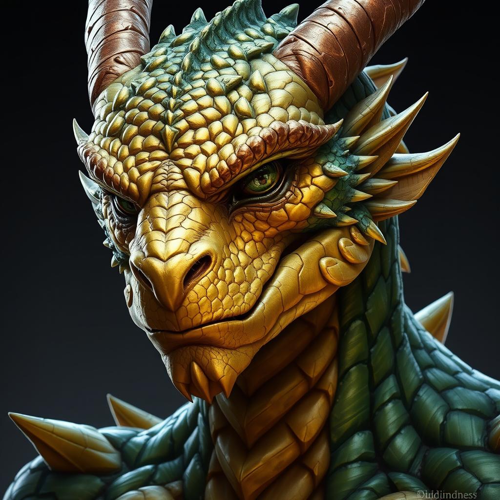 A portrait of a male dragon humanoid with gold and green colored scales