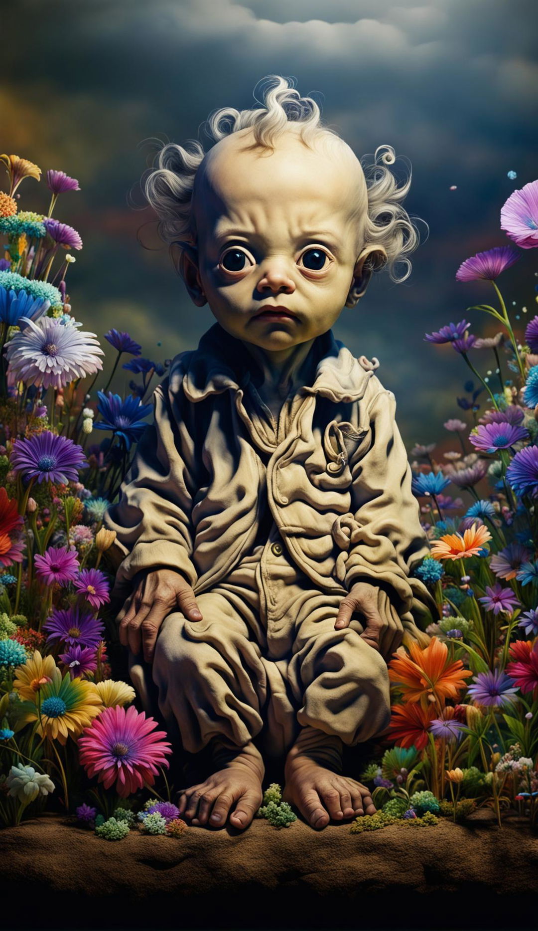 A surreal image featuring an old yet tiny giant geriatric baby standing amidst a vibrant landscape. The baby's expression is simultaneously filled with depression and elation.