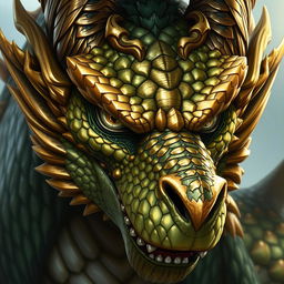 A portrait of a male dragon humanoid with gold and green colored scales