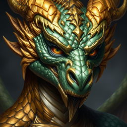 A portrait of a male dragon humanoid with gold and green colored scales