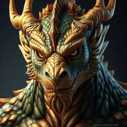 A portrait of a male dragon humanoid with gold and green colored scales