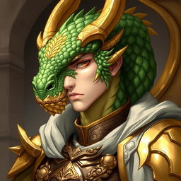 A portrait of a male dragon humanoid with gold and green colored scales