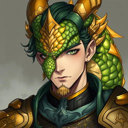 A portrait of a male dragon humanoid with gold and green colored scales