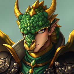 A portrait of a male dragon humanoid with gold and green colored scales