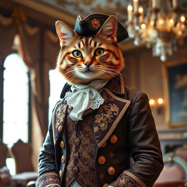 A sophisticated cat dressed in 18th-century attire, wearing a lavishly embroidered waistcoat paired with an elegant frock coat featuring intricate details and rich, deep colors typical of the era