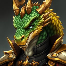 A portrait of a male dragon humanoid with gold and green colored scales