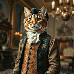 A sophisticated cat dressed in 18th-century attire, wearing a lavishly embroidered waistcoat paired with an elegant frock coat featuring intricate details and rich, deep colors typical of the era