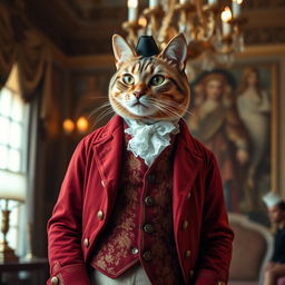 A sophisticated cat dressed in 18th-century attire, wearing a lavishly embroidered waistcoat paired with an elegant frock coat featuring intricate details and rich, deep colors typical of the era