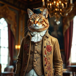 A sophisticated cat dressed in 18th-century attire, wearing a lavishly embroidered waistcoat paired with an elegant frock coat featuring intricate details and rich, deep colors typical of the era