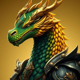 A portrait of a male dragon humanoid with gold and green colored scales