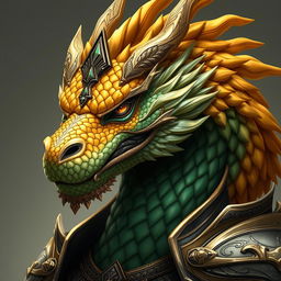 A portrait of a male dragon humanoid with gold and green colored scales