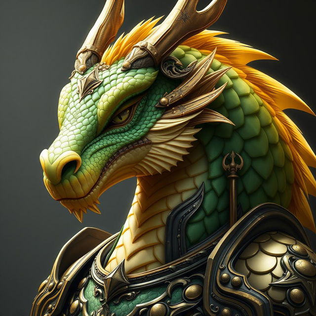 A portrait of a male dragon humanoid with gold and green colored scales