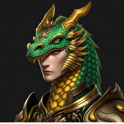 A portrait of a male dragon humanoid with gold and green colored scales