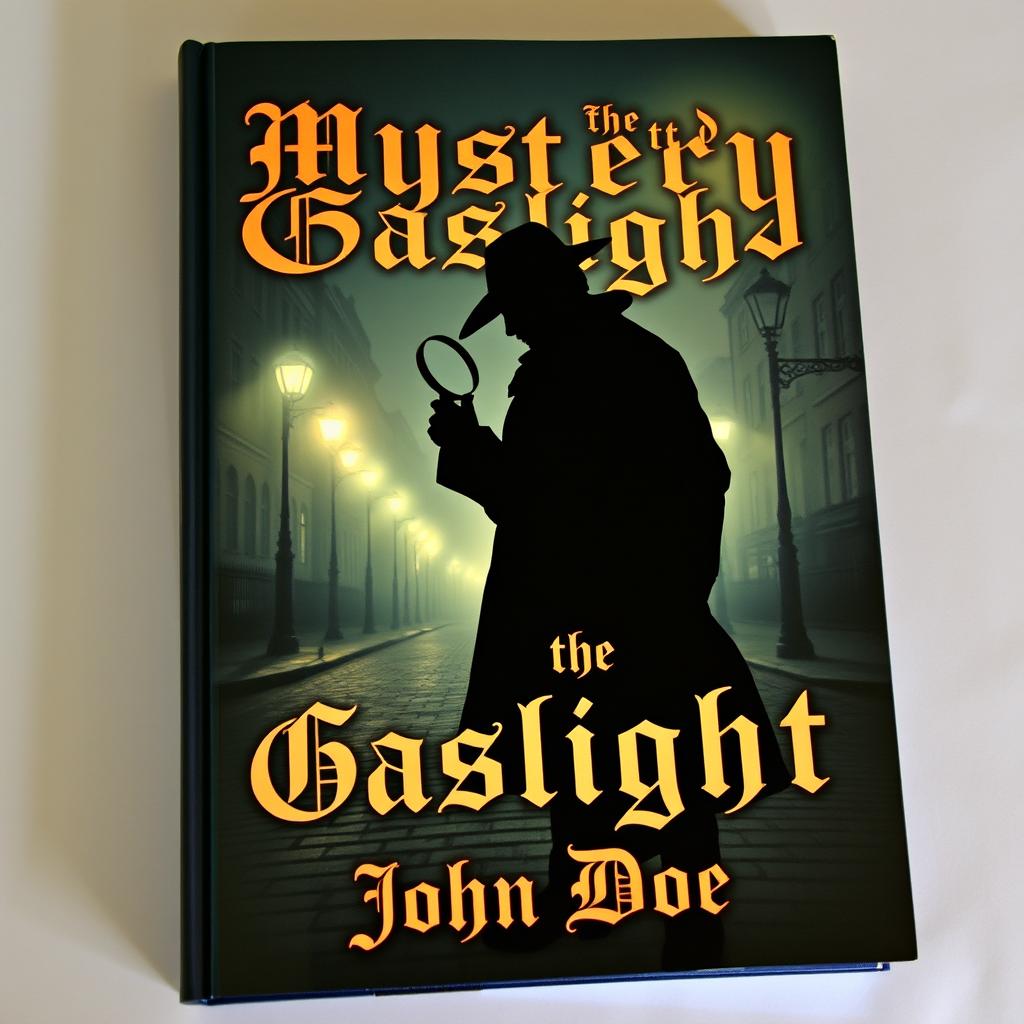 A captivating book cover featuring a mysterious silhouette of a detective holding a magnifying glass, set against a foggy London street at night