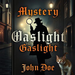 A captivating book cover featuring a mysterious silhouette of a detective holding a magnifying glass, set against a foggy London street at night