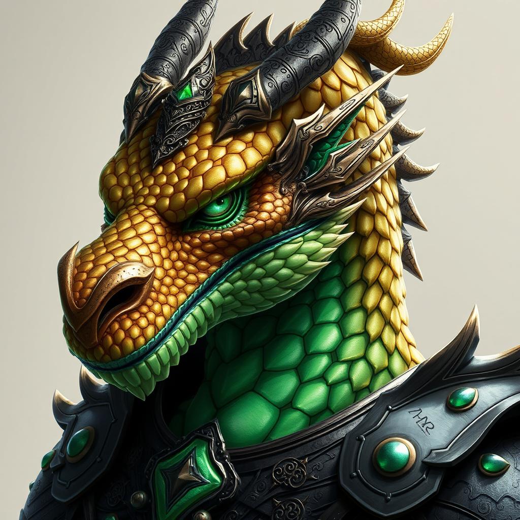 A portrait of a male dragon humanoid with topaz-colored scales and green accents