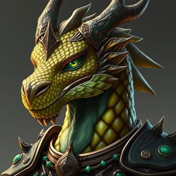 A portrait of a male dragon humanoid with topaz-colored scales and green accents