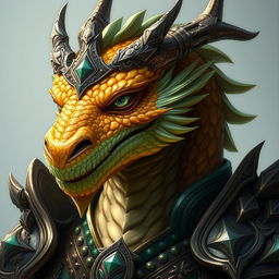 A portrait of a male dragon humanoid with topaz-colored scales and green accents