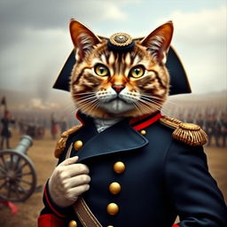 A commanding cat dressed in the iconic military uniform of Napoleon Bonaparte, complete with a navy blue tailcoat adorned with gold epaulettes and red cuffs